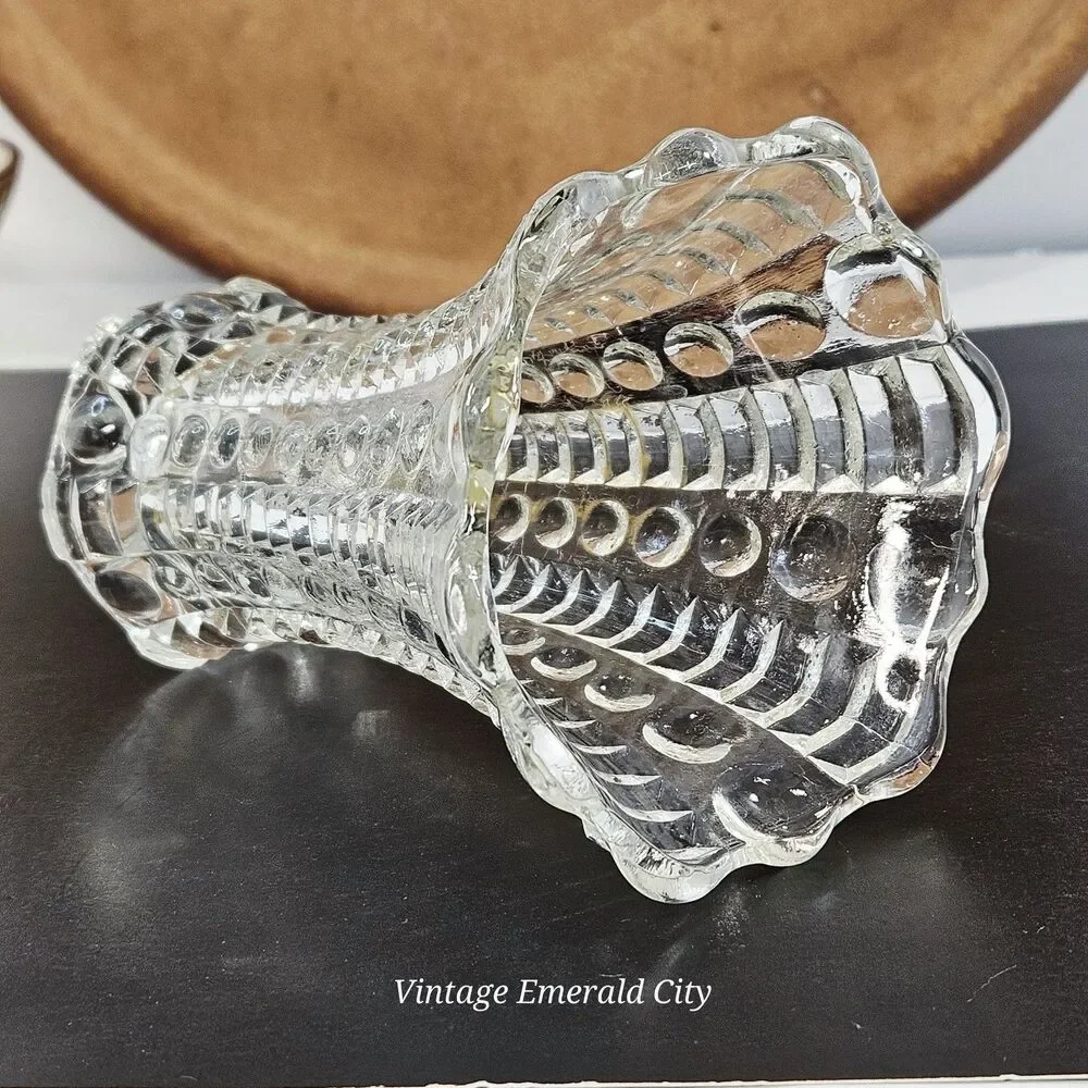 Vtg Indiana Clear Glass Bud Vase Art Deco dot dash Textured Scalloped Mayflower